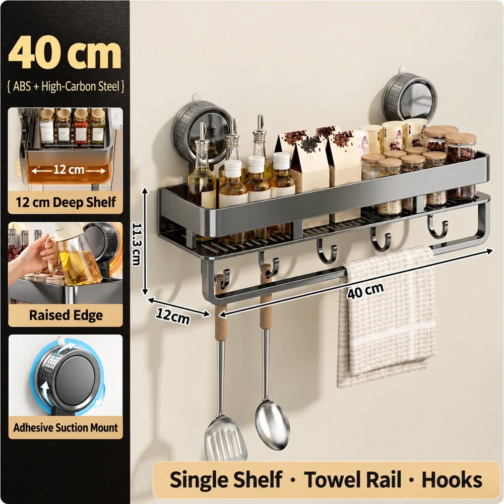 VEBRAN Wall-Mounted Storage Shelf with Towel Rail & Hooks - Image 3