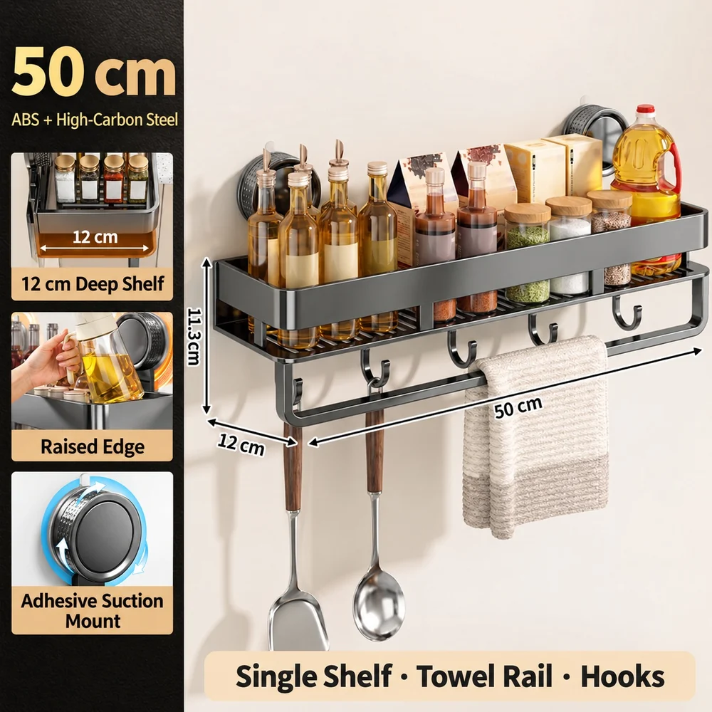 VEBRAN Wall-Mounted Storage Shelf with Towel Rail & Hooks - Image 4