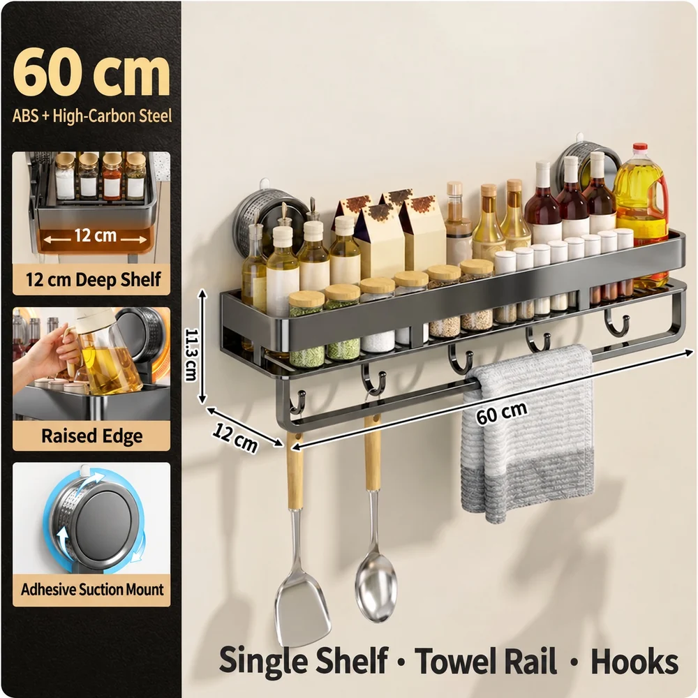 VEBRAN Wall-Mounted Storage Shelf with Towel Rail & Hooks - Image 5