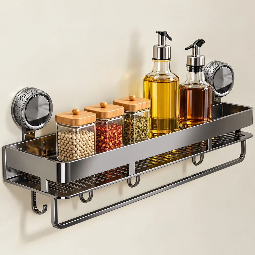 VEBRAN Wall-Mounted Storage Shelf with Towel Rail & Hooks